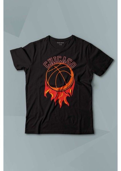Kısa Kollu Çocuk Tişört Basketbol Spor Basketball Chicago Yazı Siyah Baskılı T-Shirt