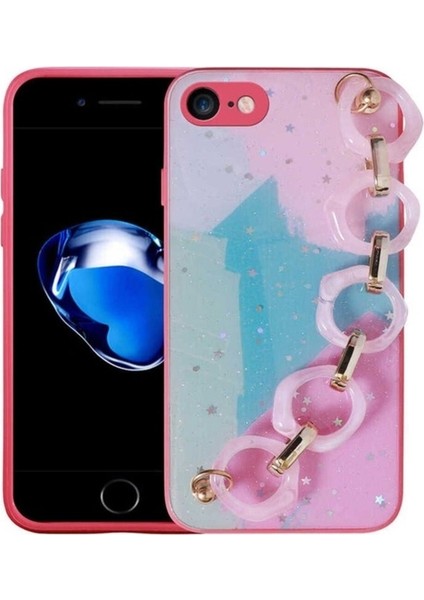 Apple iPhone Se 2020 Uyumlu Kılıf Simli Desenli El Askılı Tutacaklı Zore Elsa Silikon Kapak, Pembe Koyu