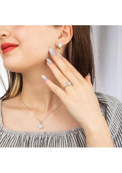 Silvano Jewelry 925 Ayar Gümüş Beyaz Taşlı Damla Takı Seti