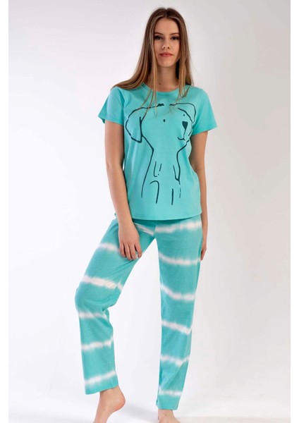 Kadın Su Yeşili Kısa Kollu Desenli Bisiklet Yaka Oval Etek Süprem Pijama Takımı