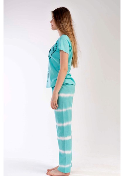 Kadın Su Yeşili Kısa Kollu Desenli Bisiklet Yaka Oval Etek Süprem Pijama Takımı