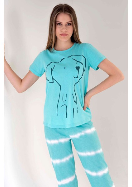 Kadın Su Yeşili Kısa Kollu Desenli Bisiklet Yaka Oval Etek Süprem Pijama Takımı