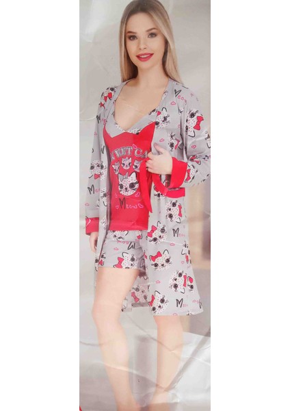 Kedi Desenli Ip Askılı Sabahlıklı Şortlu 3'lü Pijama Takımı