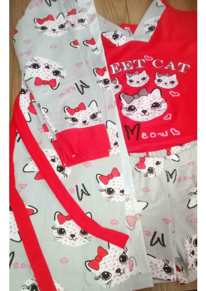 Kedi Desenli Ip Askılı Sabahlıklı Şortlu 3'lü Pijama Takımı modelleri