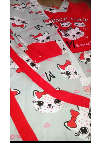 Kedi Desenli Ip Askılı Sabahlıklı Şortlu 3'lü Pijama Takımı indirimleri