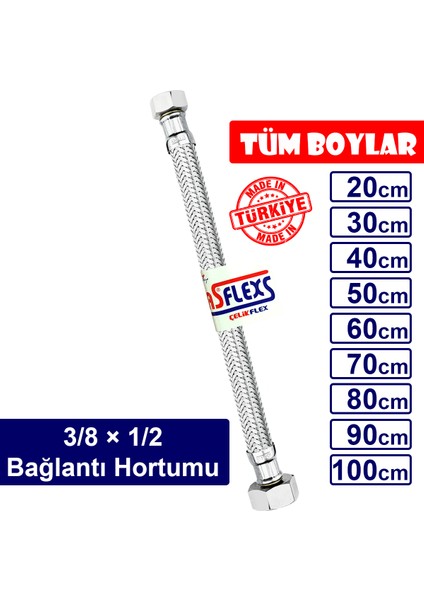 ASFLEXS 3/8×1/2 Paslanmaz Çelik Flex Hortum Bağlantı Hortumu (20 cm)