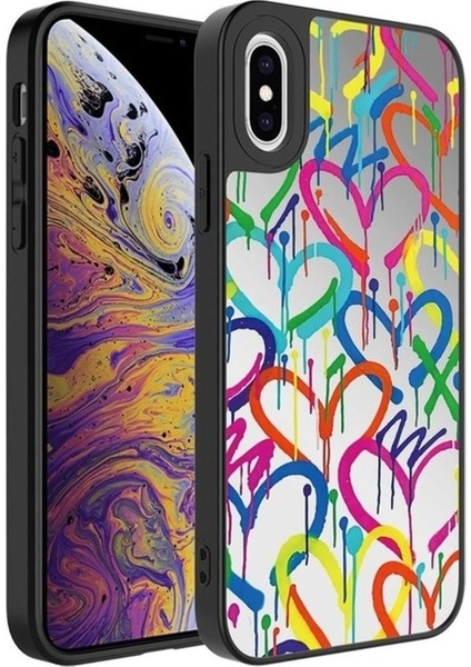 Apple iPhone Xs Uyumlu Kılıf Aynalı Desenli Kamera Korumalı Parlak Zore Mirror Kapak, Kalp