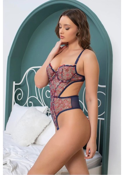 Lacivert Çiçekli Brode Babydoll Bodysuit Balenli