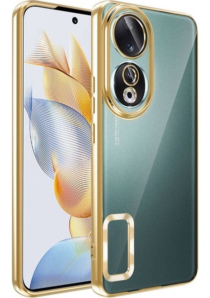 Huawei Honor 90 Uyumlu Kılıf Kamera Korumalı Logo Gösteren Zore Omega Kapak, Gold