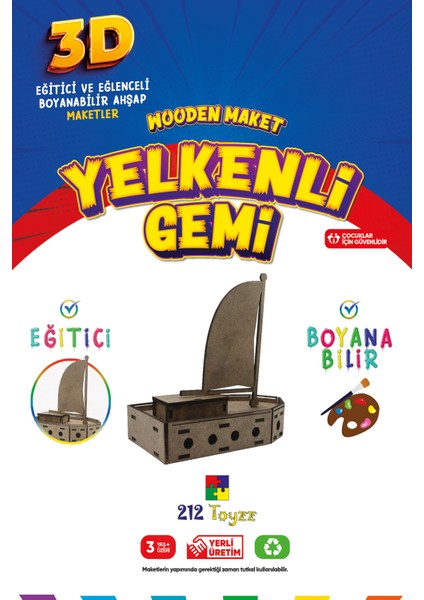 212TOYZZ 3D Boyanabilir Ahşap Yelkenli Gemi Maketi - Çocuklar Için Eğitici Oyuncak