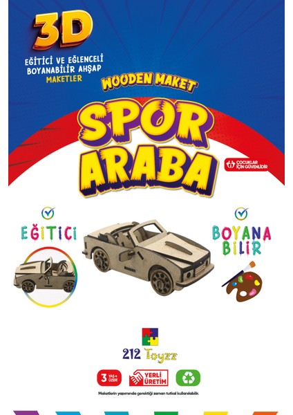 212TOYZZ 3D Boyanabilir Ahşap Spor Araba Maketi - Çocuklar Için Eğitici Oyuncak