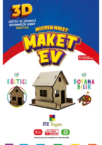 212TOYZZ 3D Boyanabilir Ahşap Maket Ev - Çocuklar Için Eğitici Oyuncak