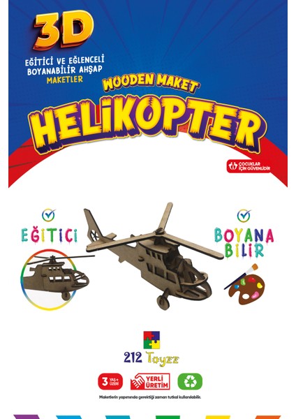 212 Toyzz 212TOYZZ 3D Boyanabilir Ahşap Helikopter Maketi - Çocuklar Için Eğitici Oyuncak