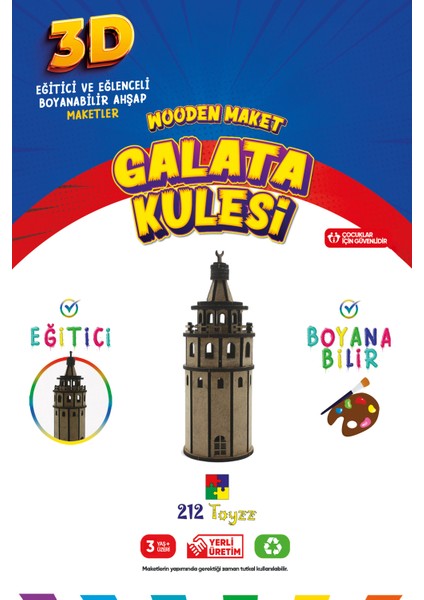 212TOYZZ 3D Boyanabilir Ahşap Galata Kulesi Maketi - Çocuklar Için Eğitici Oyuncak