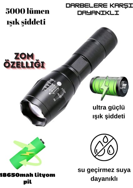 KM-108 Metal El Feneri, Ultra Güçlü El Feneri, Cree T6 LED 5000 Lümen