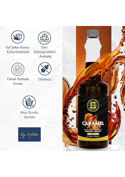 By Tüfekçi Karamel (Caramel) Aromalı Kahve, Pasta ve Kokteyl Şurup 750 ml ve Şurup Pompası Avantajlı Set