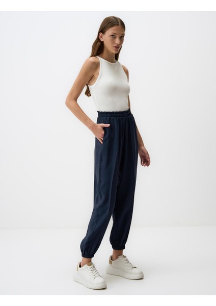Lacivert Beli Lastikli Dar Paça Cepli Pantolon
