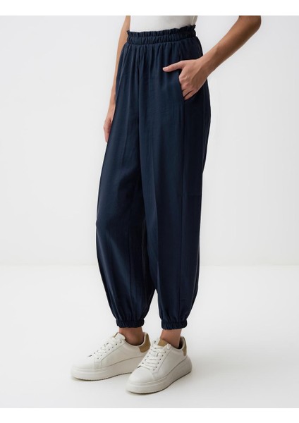 Lacivert Beli Lastikli Dar Paça Cepli Pantolon