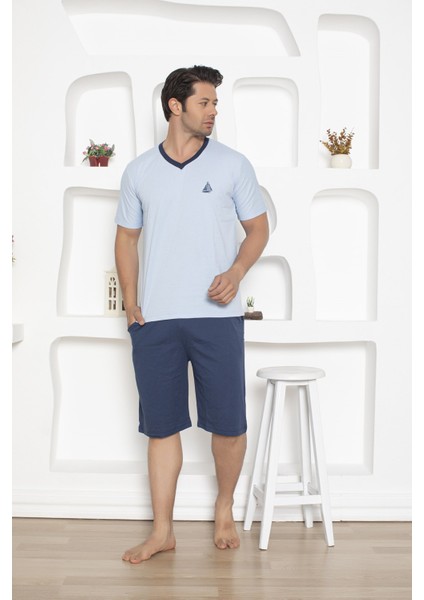Erkek V Yaka Düğmesiz %100 Pamuk Kısa Kol Cepli Uzun Şortlu Pijama Takımı fiyatları
