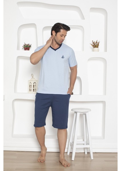 Erkek V Yaka Düğmesiz %100 Pamuk Kısa Kol Cepli Uzun Şortlu Pijama Takımı modelleri