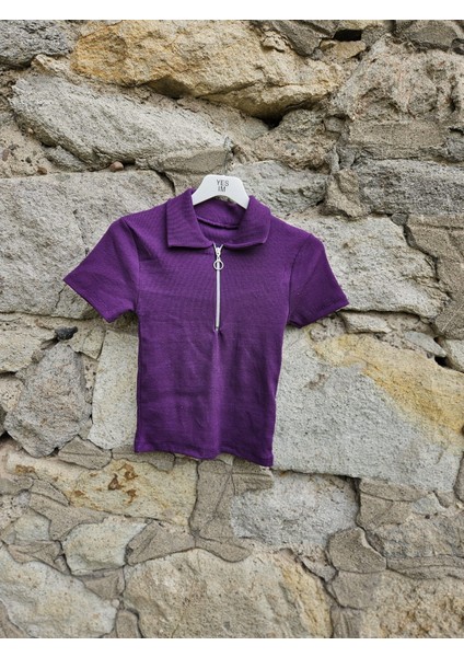 Fermuarlı Yakalı Basic Crop T-Shirt fiyatları