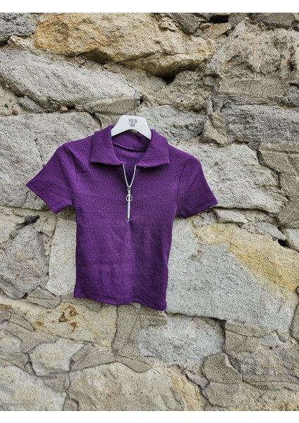 Fermuarlı Yakalı Basic Crop T-Shirt modelleri