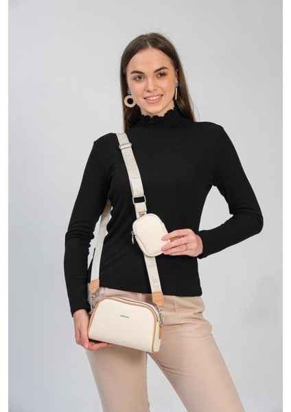Kadın Krem Cüzdanlı Omuz ve Postacı Çantası JPM4009 Krem Taba Camel Pudra modelleri