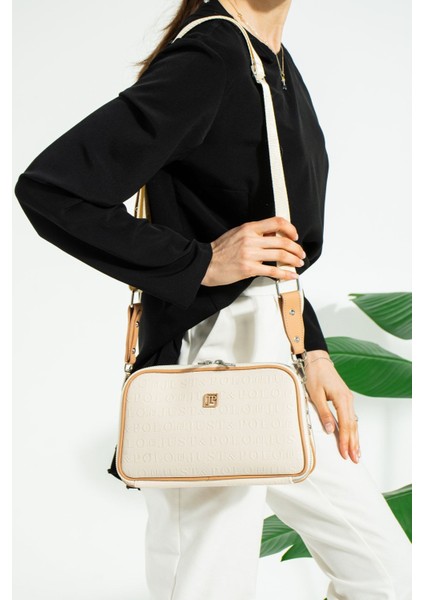 Kadın Krem Iki Askılı 3 Bölmeli Omuz ve Çapraz Çantası JPS2185 Krem