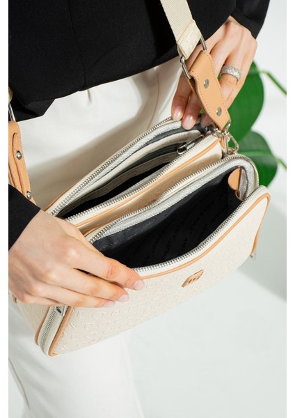 Kadın Krem Iki Askılı 3 Bölmeli Omuz ve Çapraz Çantası JPS2185 Krem modelleri