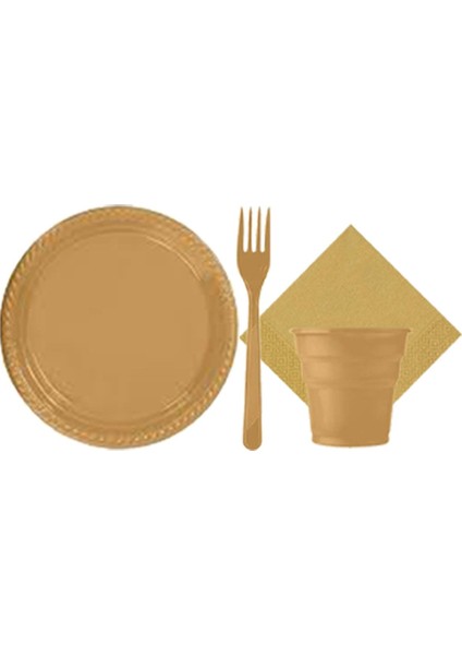 Gold Altın Renk 25 Kişilik Plastik Bardak Çatal Tabak Peçete