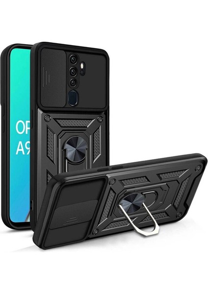 Oppo A5 2020 Uyumlu Kılıf Magnetik Standlı Kamera Korumalı Zore Sürgülü Vega Kapak, Siyah
