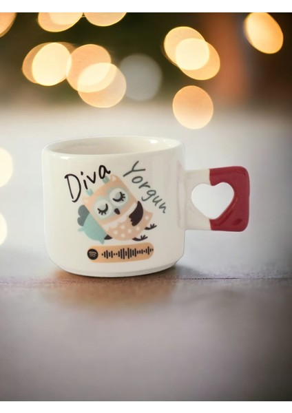 İki Seramik Kişiselleştirilebilir Diva Yorgun Spotify Kodlu Kırmızı Kalp Kupa Bardak / Mug - Çay & Kahve Fincanı