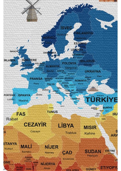 Duvar Örtüsü Bayrak Detaylı Türkçe Güncel Dünya Haritası Kanvas Duvar Halısı