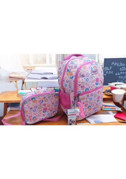 Pembe Gülen Çiçek Yüz Desenli Okul Çantası ve Beslenme Çantası (Maskot Anahtarlık Hediyeli)