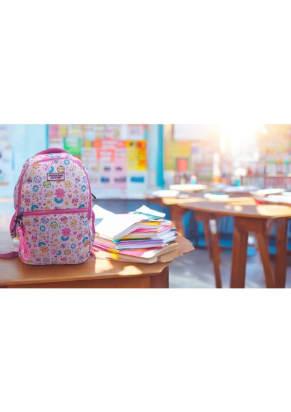 Pembe Gülen Çiçek Yüz Desenli Okul Çantası ve Beslenme Çantası (Maskot Anahtarlık Hediyeli) fiyatları