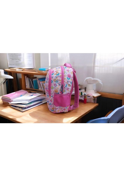 Pembe Gülen Çiçek Yüz Desenli Okul Çantası ve Beslenme Çantası (Maskot Anahtarlık Hediyeli) modelleri