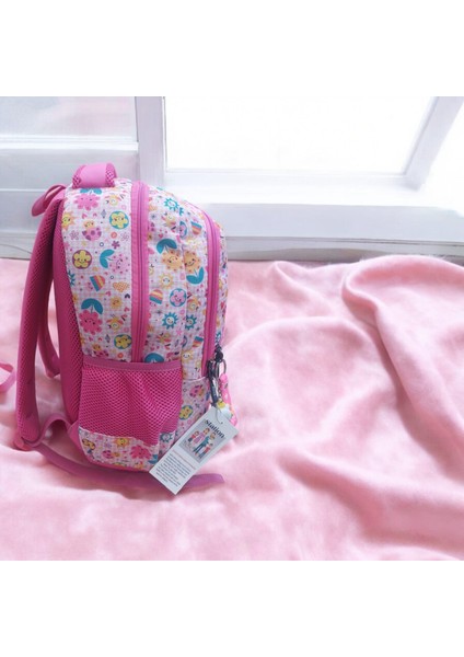 Pembe Gülen Çiçek Yüz Desenli Okul Çantası ve Beslenme Çantası (Maskot Anahtarlık Hediyeli) indirimleri