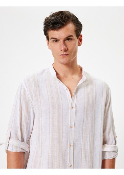 Uzun Kollu Gömlek Hakim Yaka Katlanabilir Kol Detaylı Düğmeli Pamuklu
