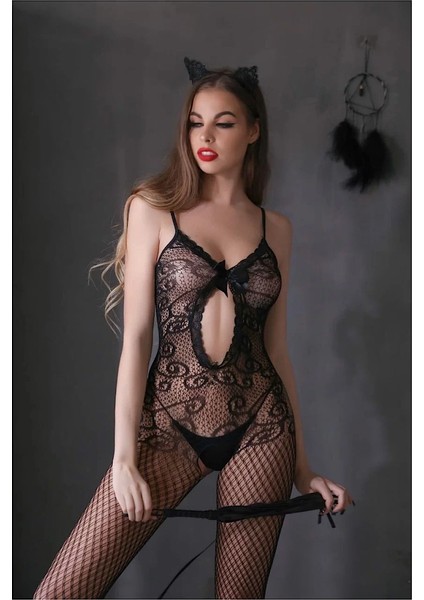 Hayal Gecesi Kadın Siyah Göğüsü Dantelli Fantazi Özel Bölgesi Açık File Vücut Çorabı
