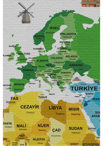Duvar Örtüsü Bayrak Detaylı Türkçe Güncel Dünya Haritası