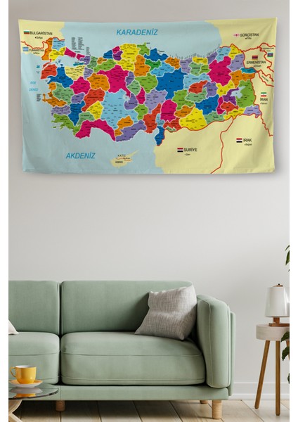 Duvar Örtüsü Detaylı Güncel Türkiye Haritası Kaliteli Kanvas Duvar Halısı