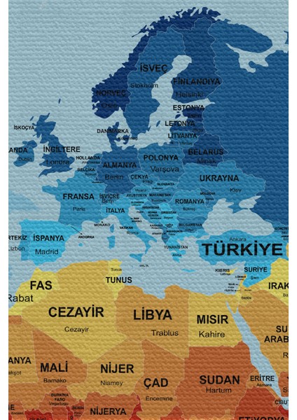 Duvar Örtüsü Detaylı Güncel Türkçe Dünya Haritası Kaliteli Kanvas Kumaş