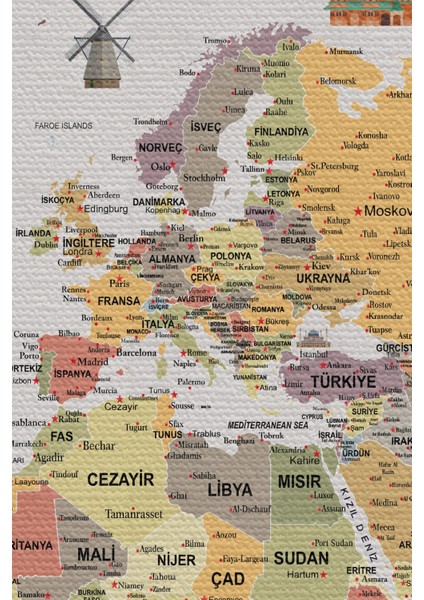 Duvar Örtüsü Detaylı Türkçe Güncel Dünya Haritası Kaliteli Kanvas Kumaş