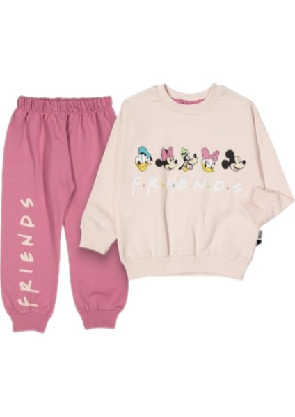 Bisiklet Yaka Uzun Kollu Minnie Mouse Baskılı Kız Çocuk Sweatshirt ve Eşofman Alt 2'li Takım