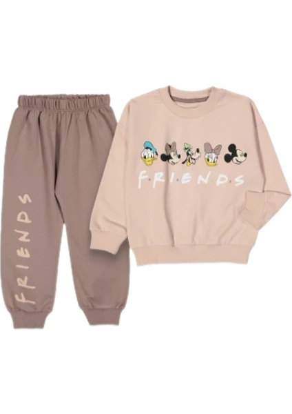 Bisiklet Yaka Uzun Kollu Minnie Mouse Baskılı Kız Çocuk Sweatshirt ve Eşofman Alt 2'li Takım