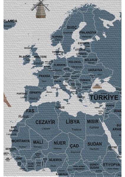 Duvar Örtüsü Detaylı Güncel Türkçe Dünya Haritası Kaliteli Kanvas Kumaş