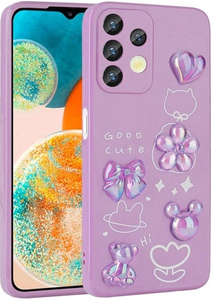 Samsung Galaxy A13 4g Uyumlu Kılıf Kabartma Figürlü Parlak Zore Toys Silikon Kapak, Mor