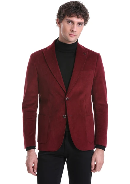 Bordo Slim Fit Düz Mono Yaka Pamuklu Kadife Ceket