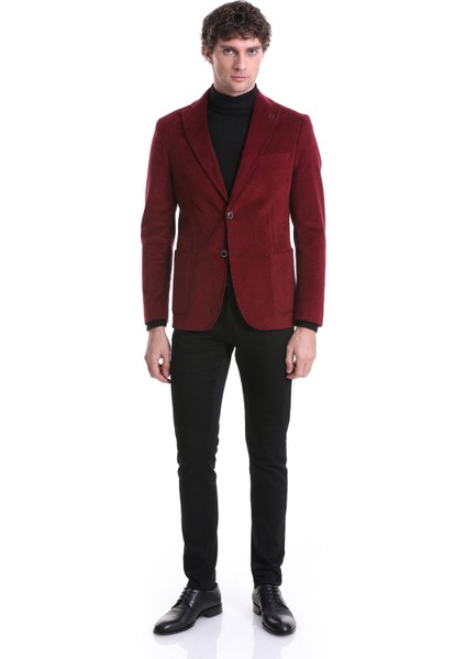 Bordo Slim Fit Düz Mono Yaka Pamuklu Kadife Ceket