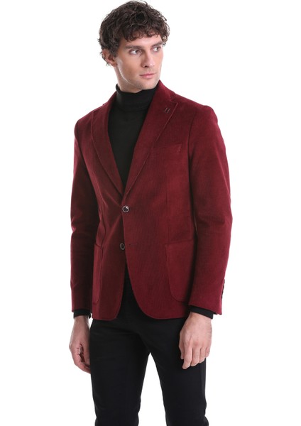 Bordo Slim Fit Düz Mono Yaka Pamuklu Kadife Ceket